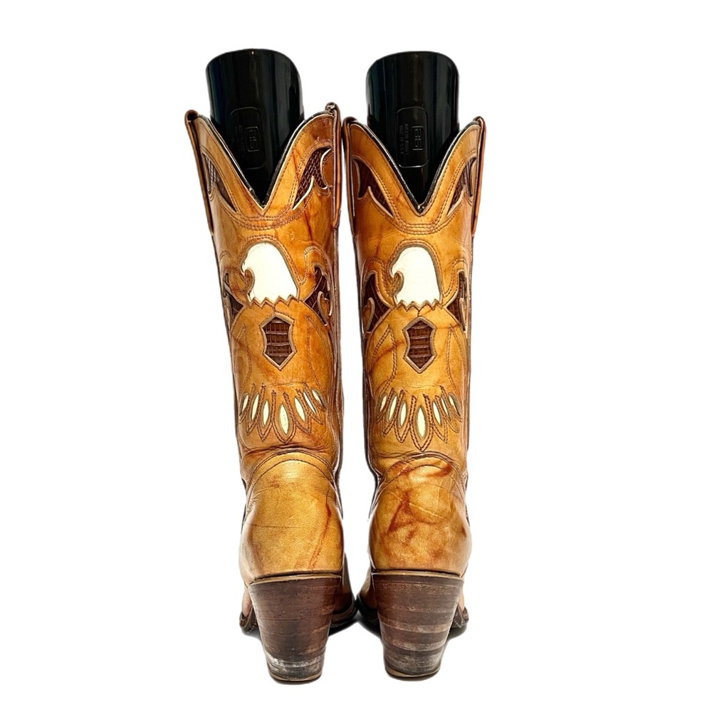 Vintage 1980s women's tan leather reptile inlay bald eagle cutout cowboy boots - Picture 7 of 9